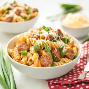 Creamy spicy sausage pasta served in a bowl with herbs on top
