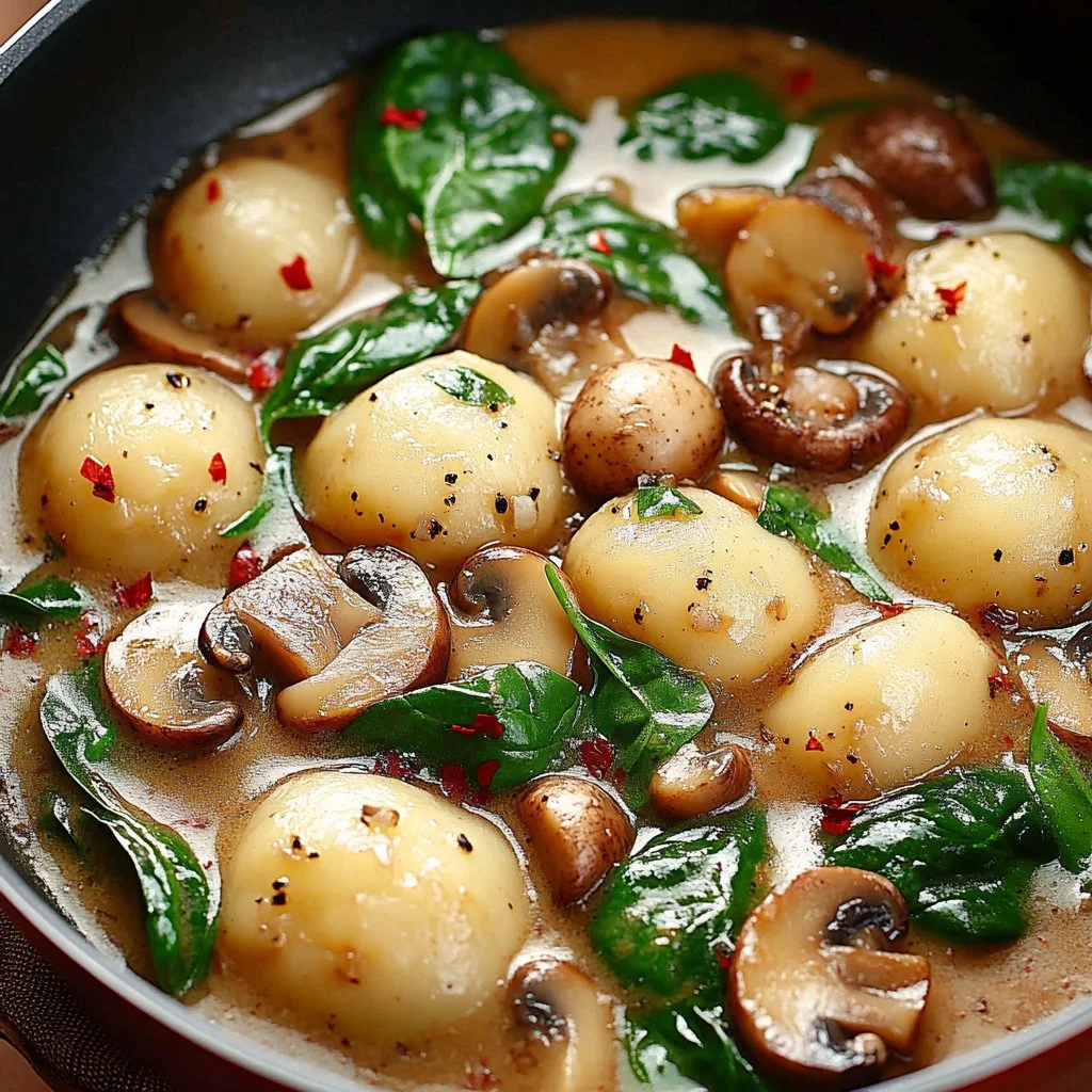 Creamy spinach and mushroom gnocchi served in a bowl with fresh herbs