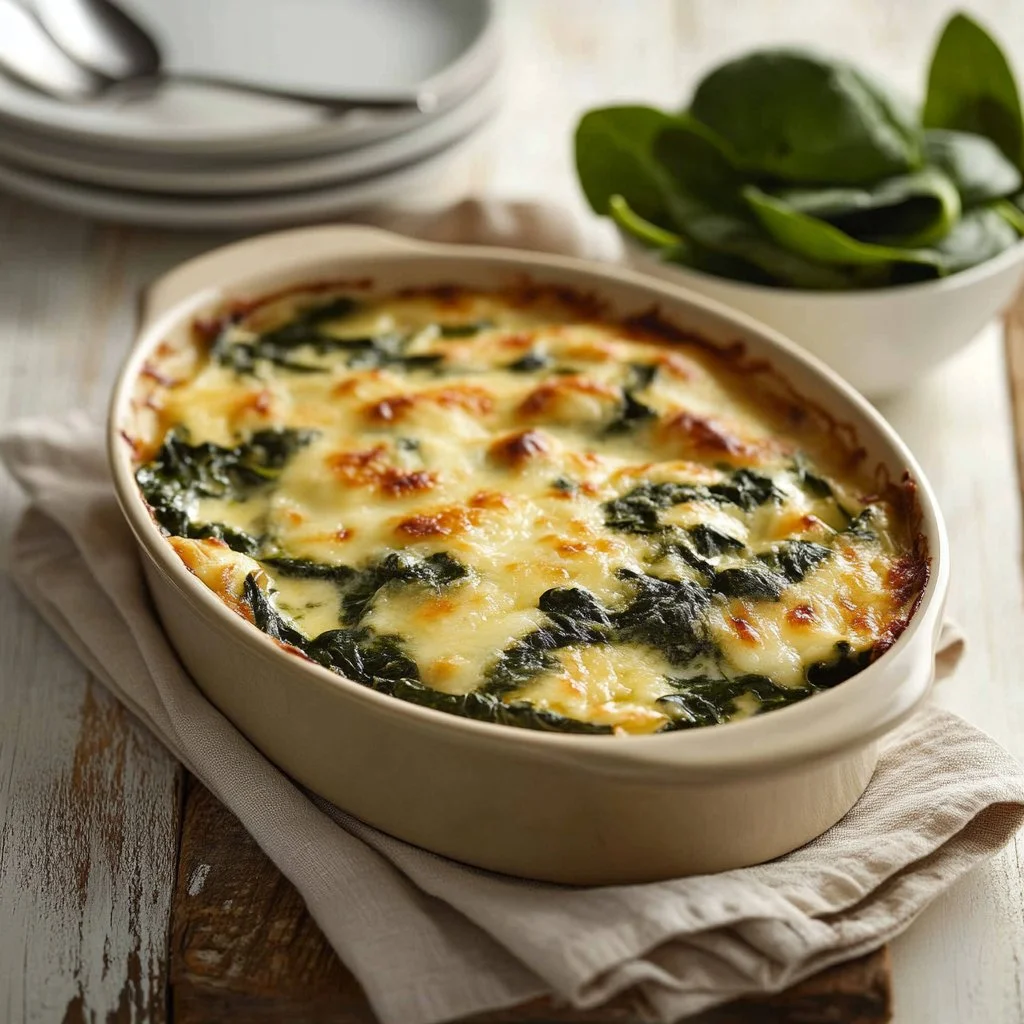 Creamy spinach casserole topped with cheese in a baking dish
