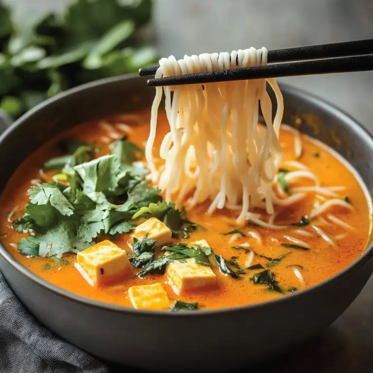 Bowl of creamy Thai curry soup with vibrant vegetables and spices