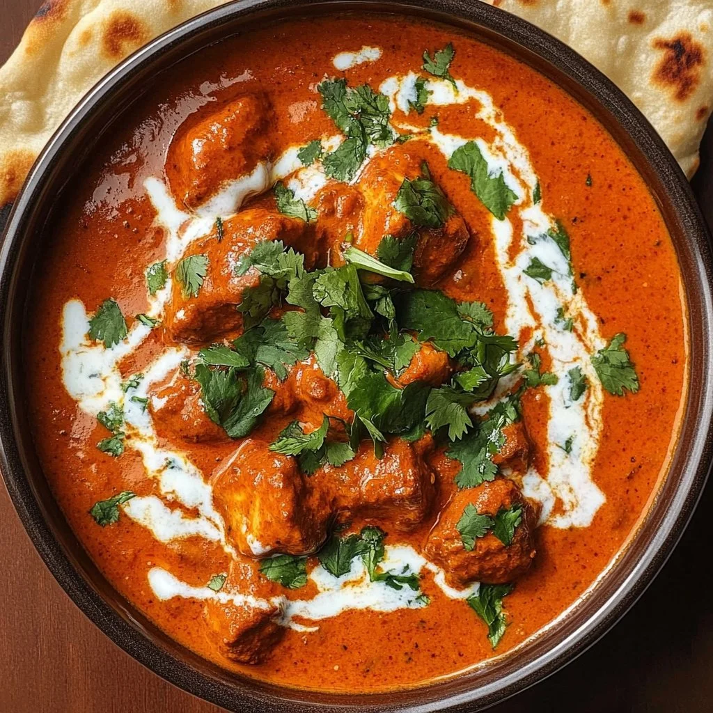 Creamy tomato coconut chicken curry served in a bowl with herbs