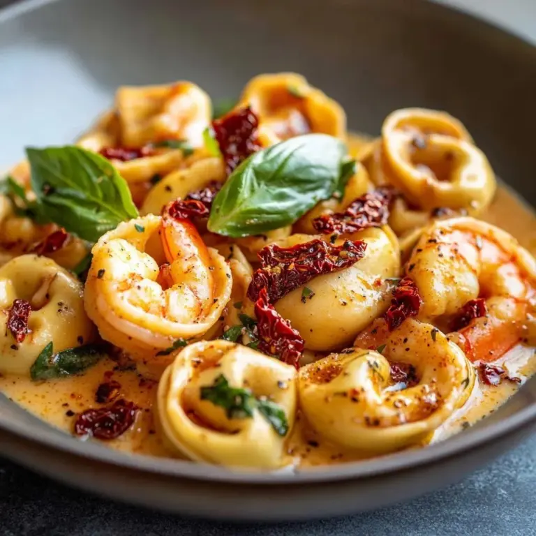 Creamy tomato shrimp tortellini served in a bowl topped with herbs