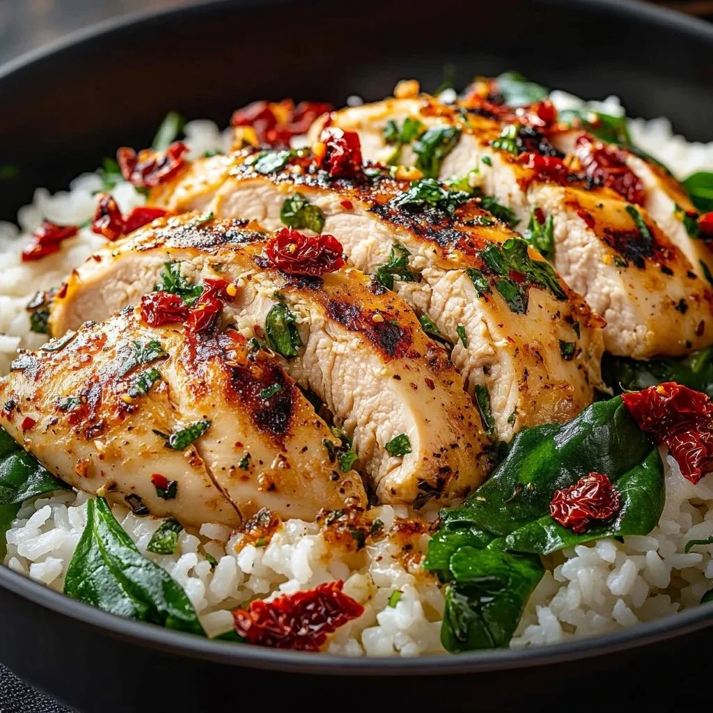 Creamy Tuscan chicken rice dish garnished with herbs and served on a plate