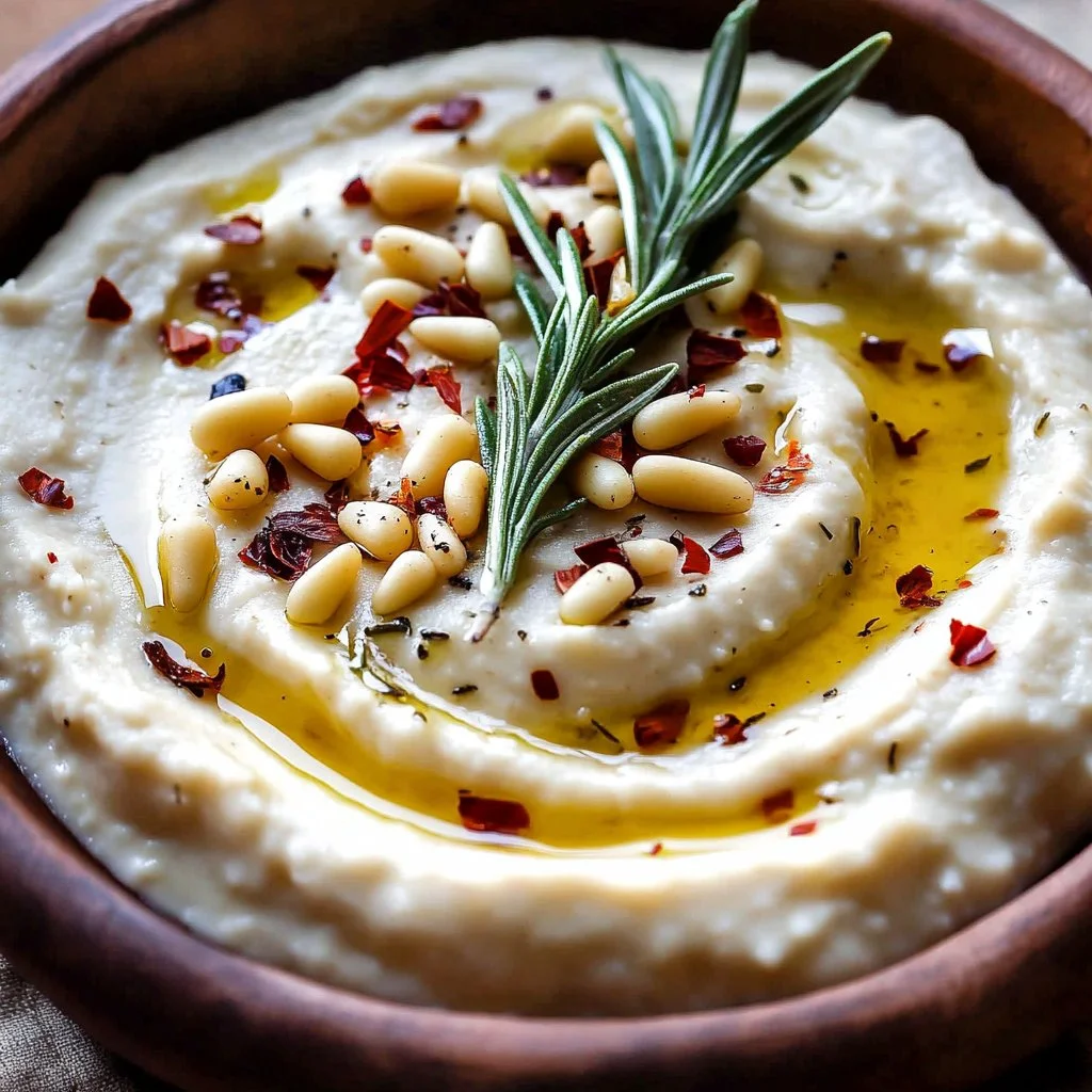 Bowl of creamy Tuscan white bean dip garnished with herbs