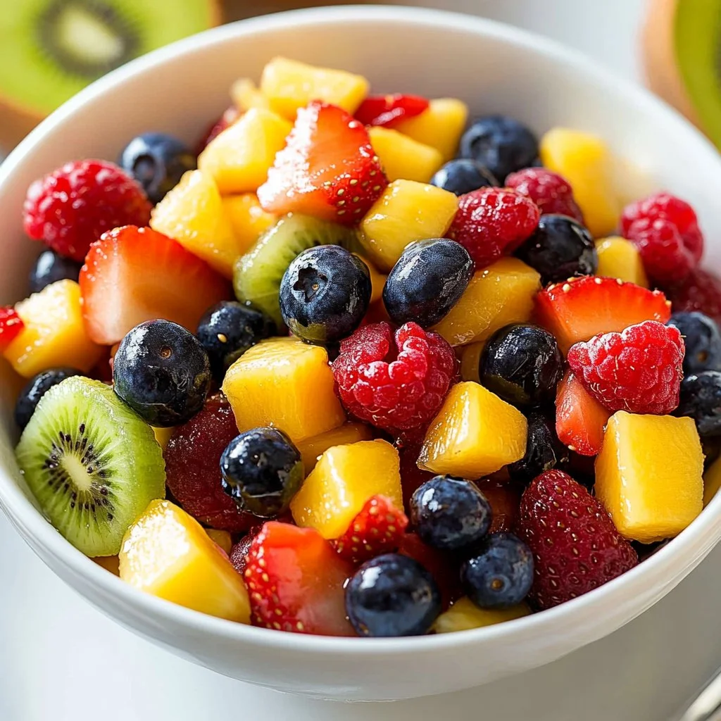 Creamy vanilla fruit salad with a mix of fresh fruits
