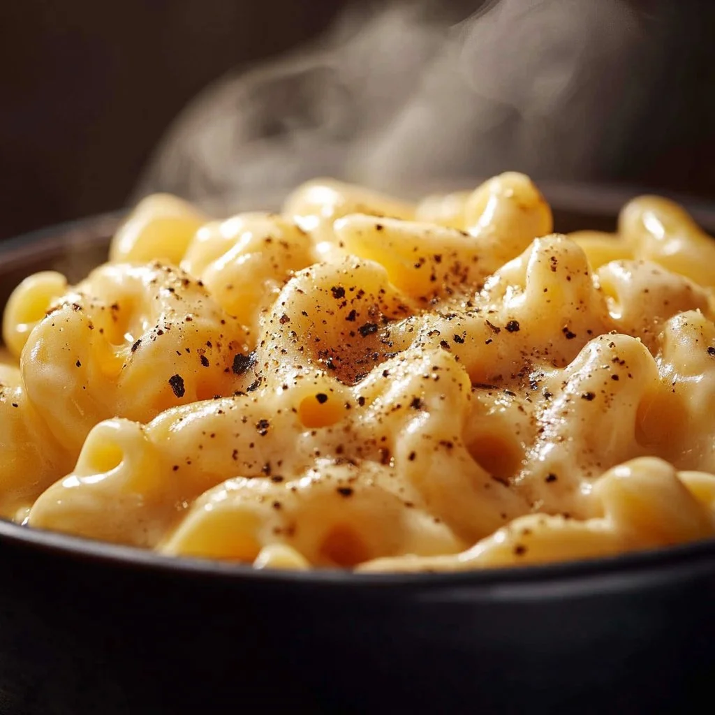 Creamy white cheddar mac and cheese topped with breadcrumbs and garnished.