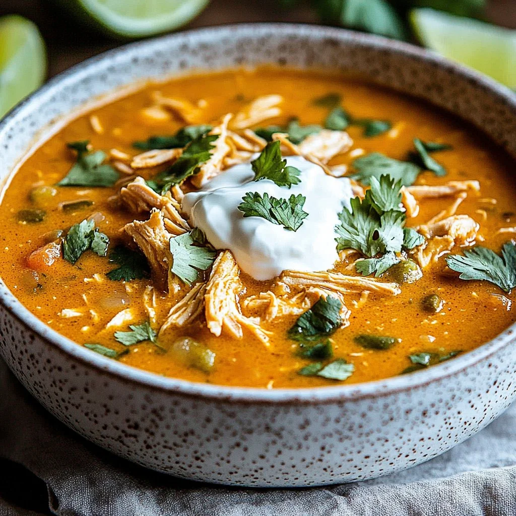 Bowl of creamy white chicken chili garnished with cilantro and lime.