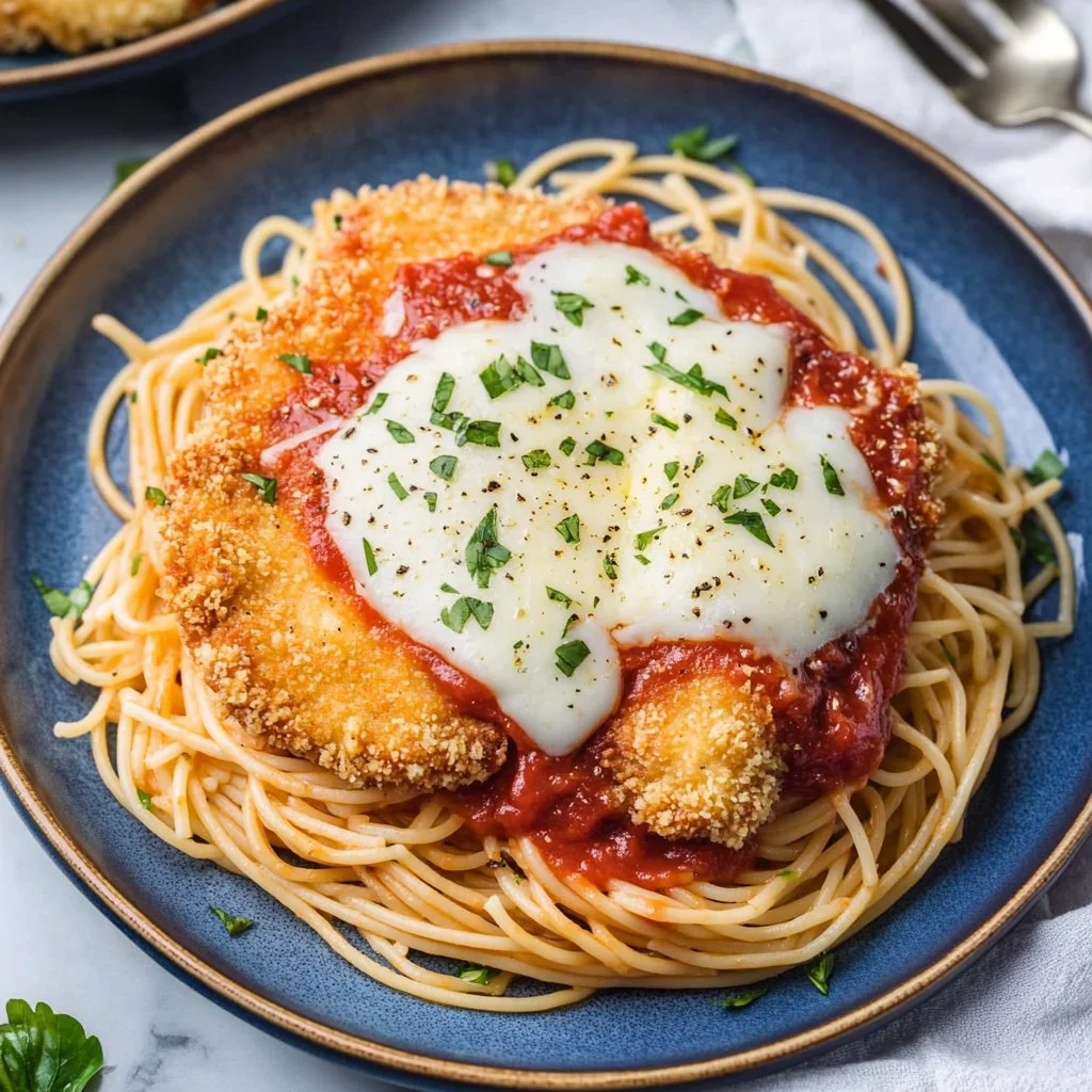 Crispy Chicken Parmesan with marinara sauce and melted cheese on a plate