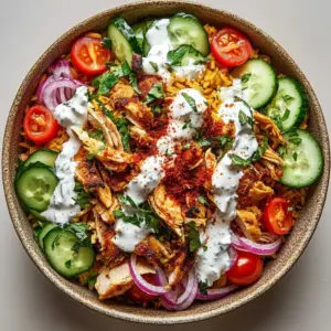 Crispy Chicken Shawarma Rice Salad with fresh vegetables and dressing