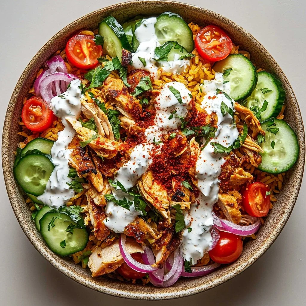 Crispy Chicken Shawarma Rice Salad with fresh vegetables and dressing