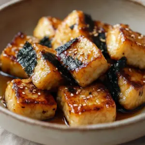 Crispy pan-fried seaweed wrapped tofu served with sauce