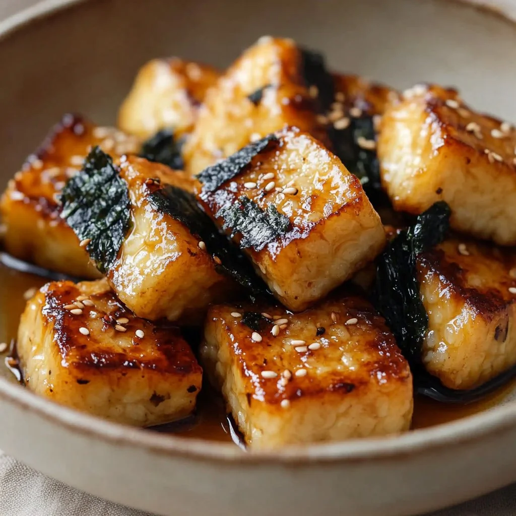Crispy pan-fried seaweed wrapped tofu served with sauce