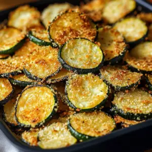 Crispy Parmesan Garlic Zucchini Chips on a plate, garnished for serving.