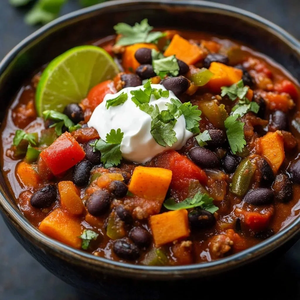 Delicious Crock Pot Sweet Potato Chili bowl topped with fresh herbs.