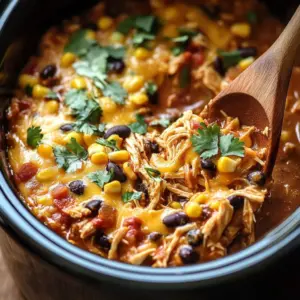 Crockpot Chicken Enchilada Casserole topped with cheese and fresh herbs
