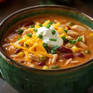 Bowl of creamy crockpot cream cheese chicken chili topped with cilantro