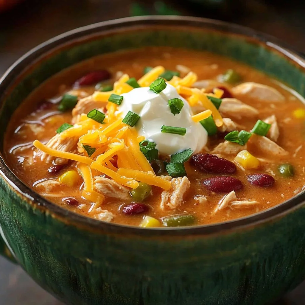 Bowl of creamy crockpot cream cheese chicken chili topped with cilantro