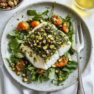 Crunchy matcha-pistachio crusted fish plated with fresh herbs