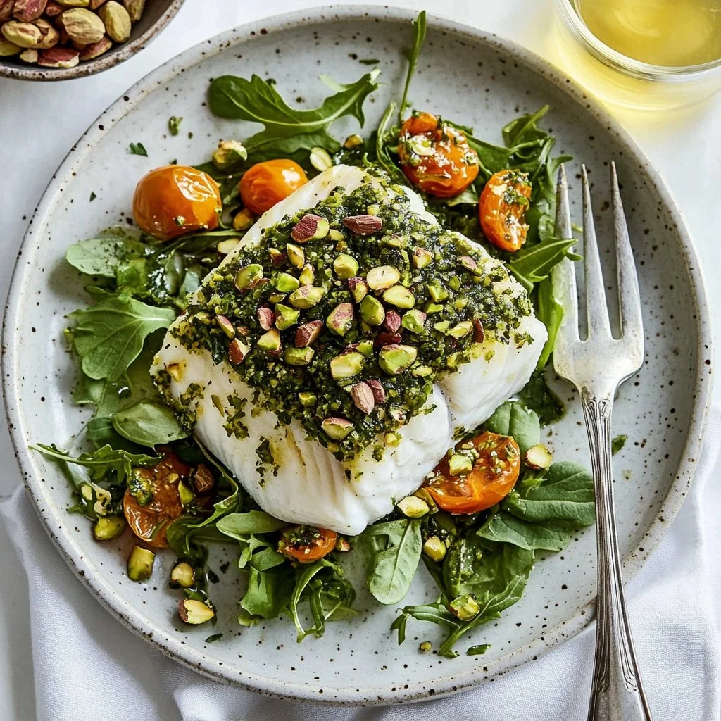 Crunchy matcha-pistachio crusted fish plated with fresh herbs