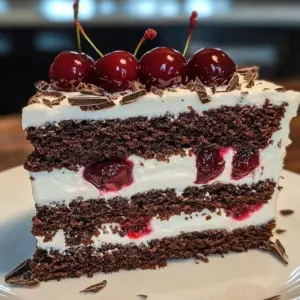 Decadent Black Forest Cake with cherries and whipped cream layers