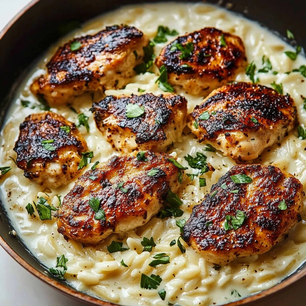 Decadent one-pan Boursin chicken orzo dish served on a plate