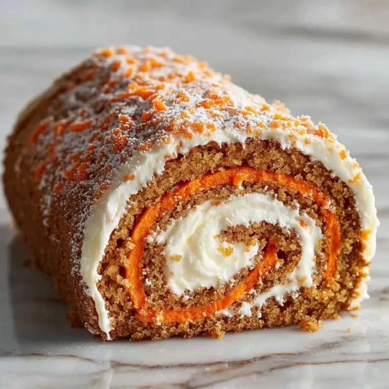 Delicious carrot cake roll with cream cheese filling and garnished with nuts.