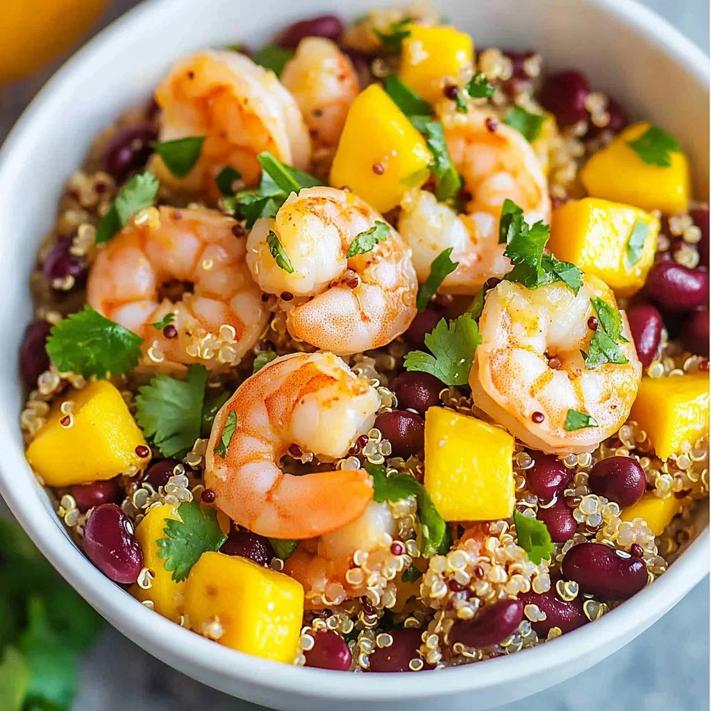 Delicious shrimp mango quinoa bowl with fresh ingredients and vibrant colors