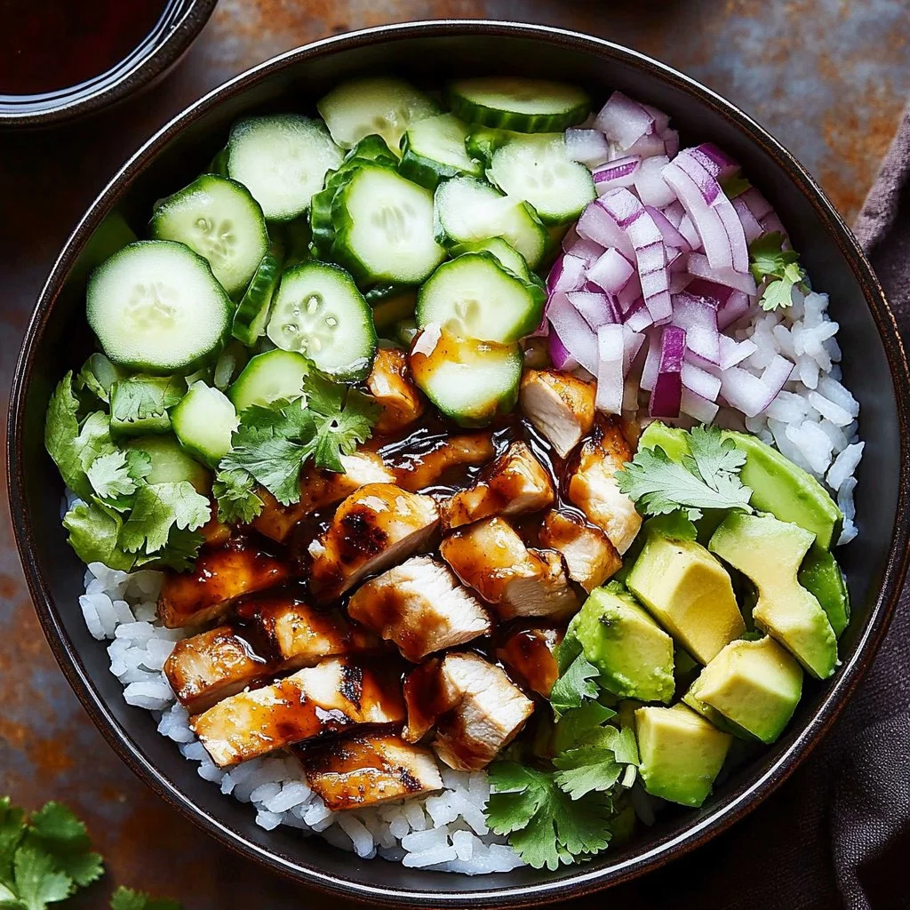 Delicious Teriyaki Chicken Crispy Rice Salad served in a bowl with fresh vegetables.