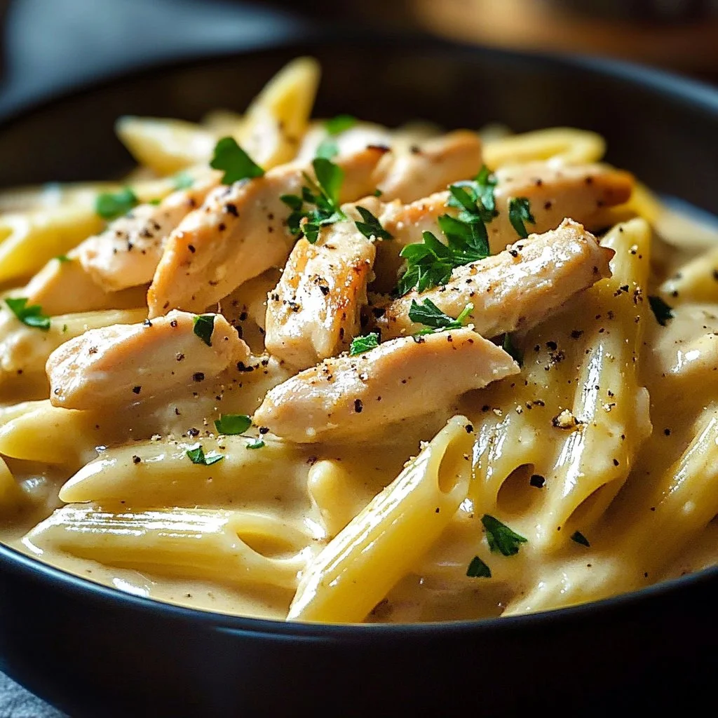Bowl of delicious skinny chicken Alfredo pasta topped with fresh parsley