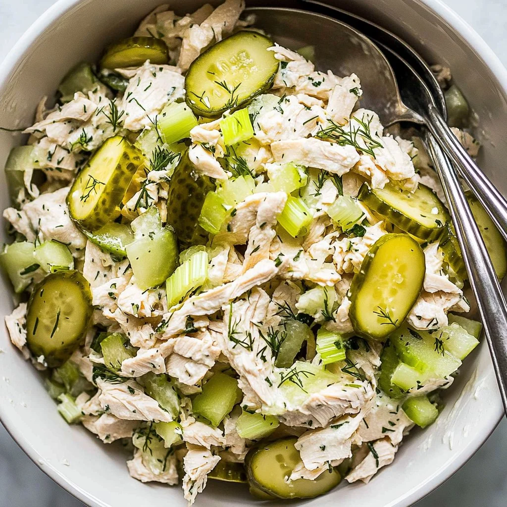 Dill infused chicken salad with pickles in a bowl