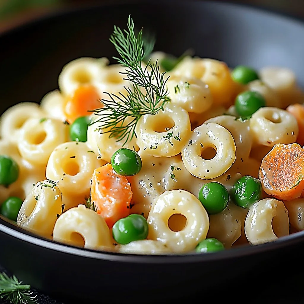 Dill Pickle Macaroni Salad in a bowl, garnished with fresh herbs.