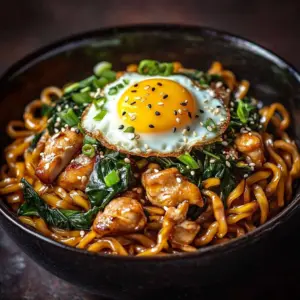A bowl of Yaki Udon noodles topped with fresh vegetables and sauce