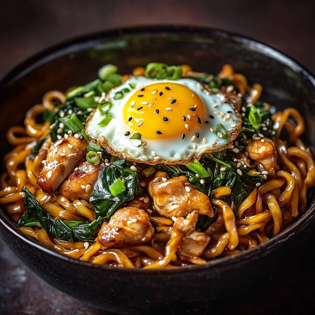 A bowl of Yaki Udon noodles topped with fresh vegetables and sauce