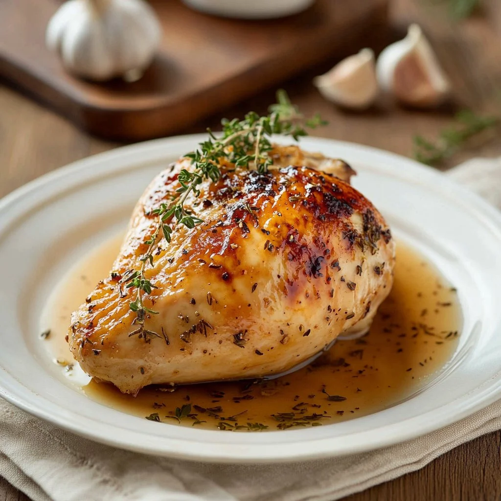 Juicy baked chicken breast with herbs and spices on a plate