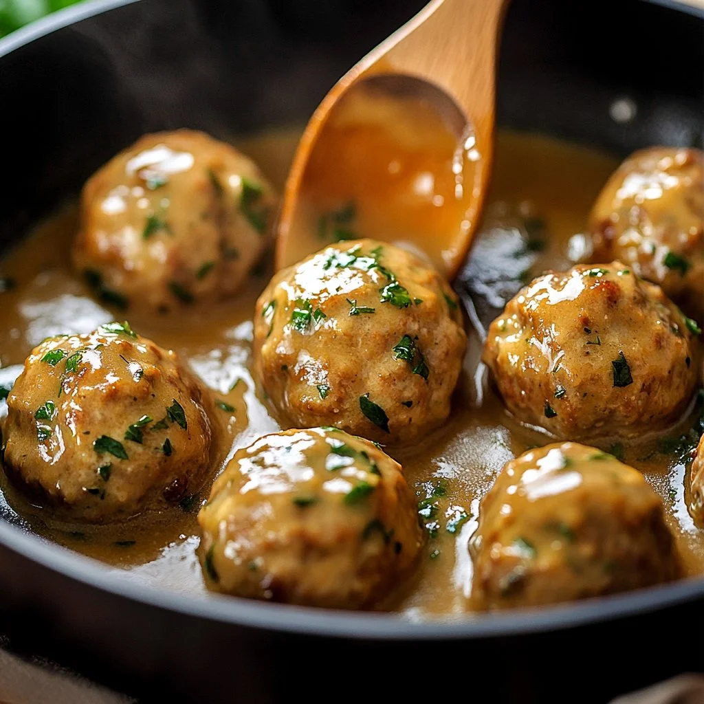 Plate of easy chicken meatballs served with marinara sauce and herbs