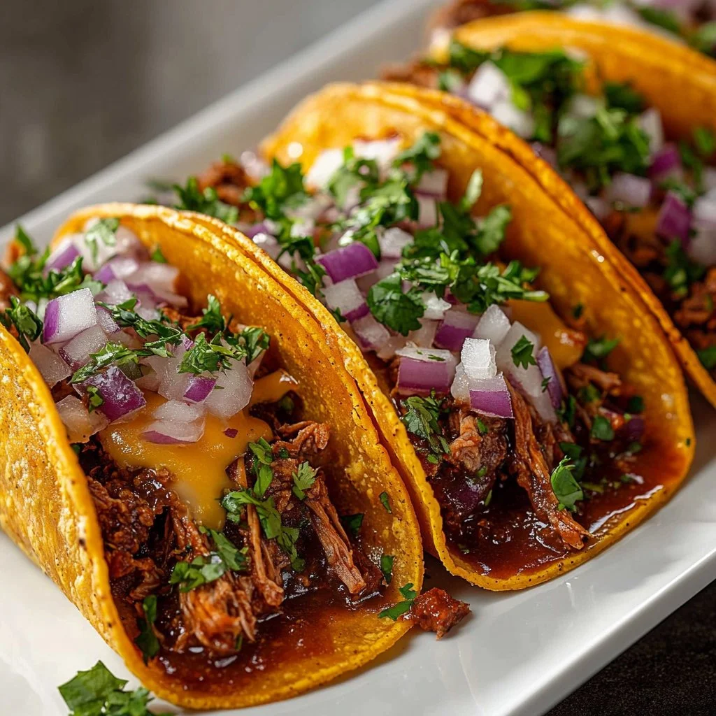 Delicious Easy Crock Pot Birria Tacos served with fresh toppings