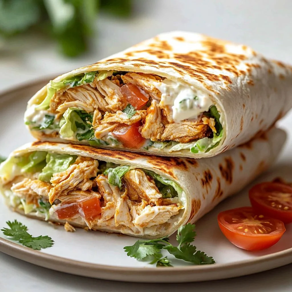 Delicious healthy chicken crunch wrap filled with fresh ingredients