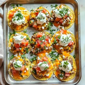 Easy mini sheet pan tostadas topped with fresh ingredients on a baking sheet.