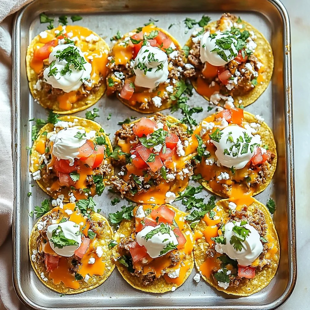 Easy mini sheet pan tostadas topped with fresh ingredients on a baking sheet.