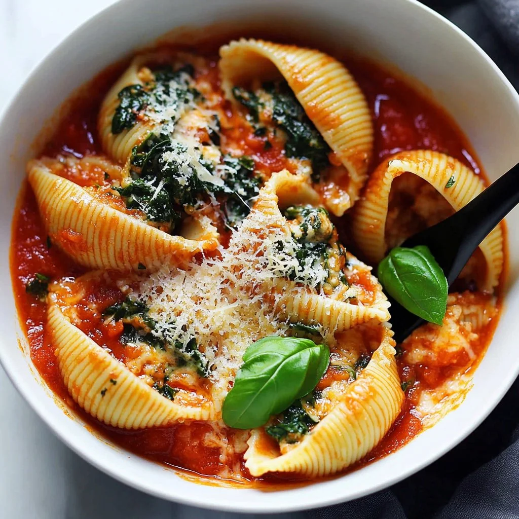 Baked spinach ricotta stuffed shells garnished with fresh herbs