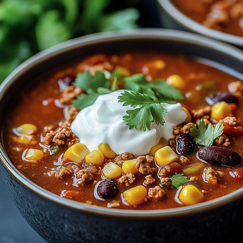 Bowl of easy taco soup with colorful toppings and fresh ingredients