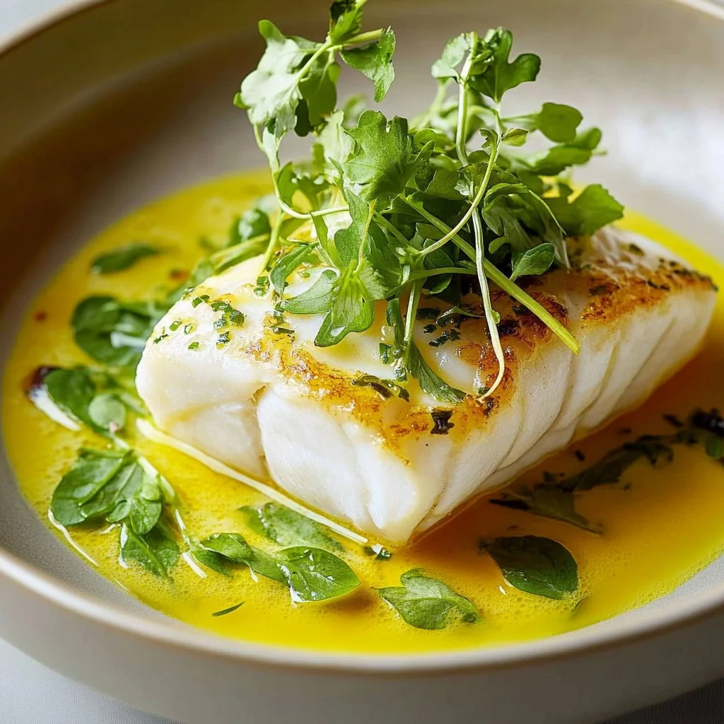 Elegant yellow curry poached cod served with vegetables.