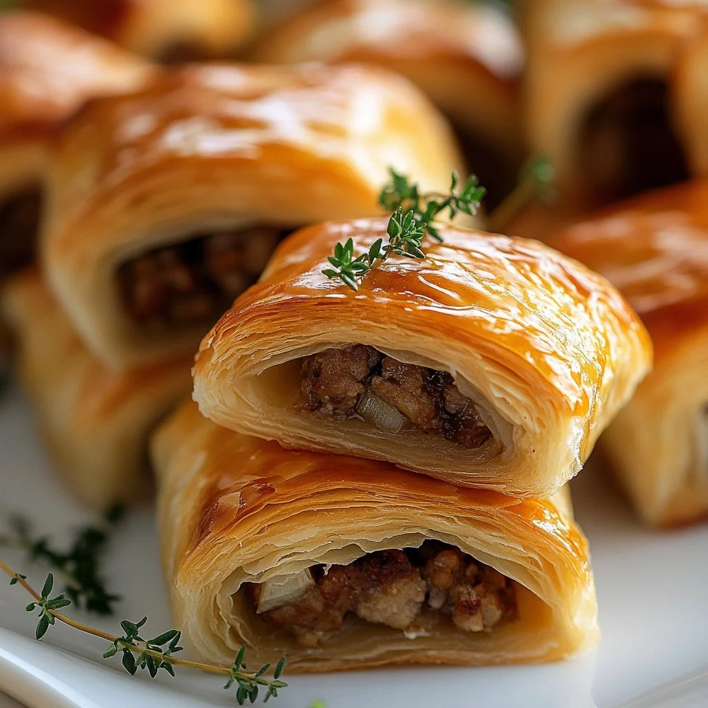 Delicious French onion sausage rolls served at a party