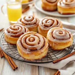Freshly baked homemade honey buns on a cooling rack
