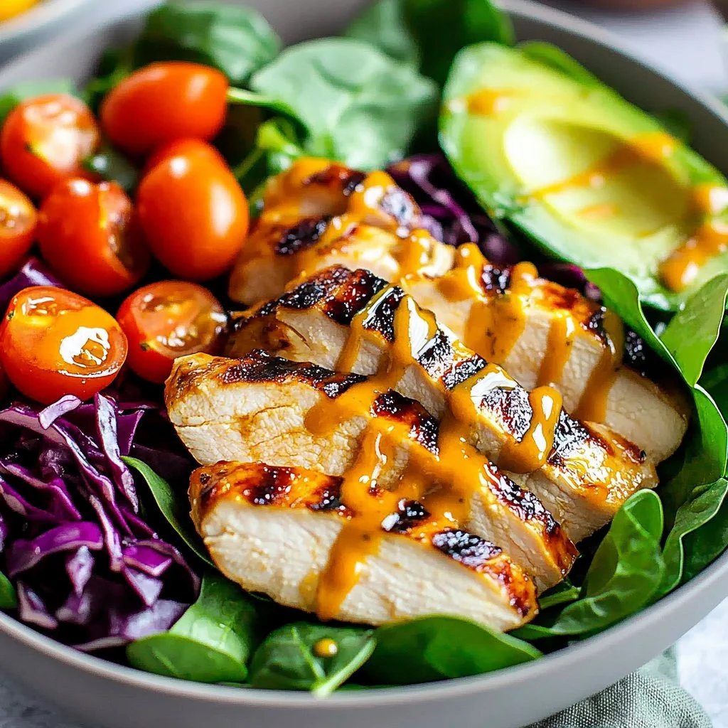 A delicious bowl of fresh honey mustard chicken salad topped with greens and veggies.