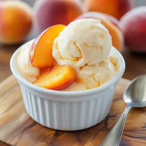Delicious bowl of fresh peach ice cream topped with sliced peaches