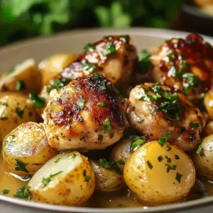 One-pan Garlic Parmesan Chicken and Potatoes ready to serve