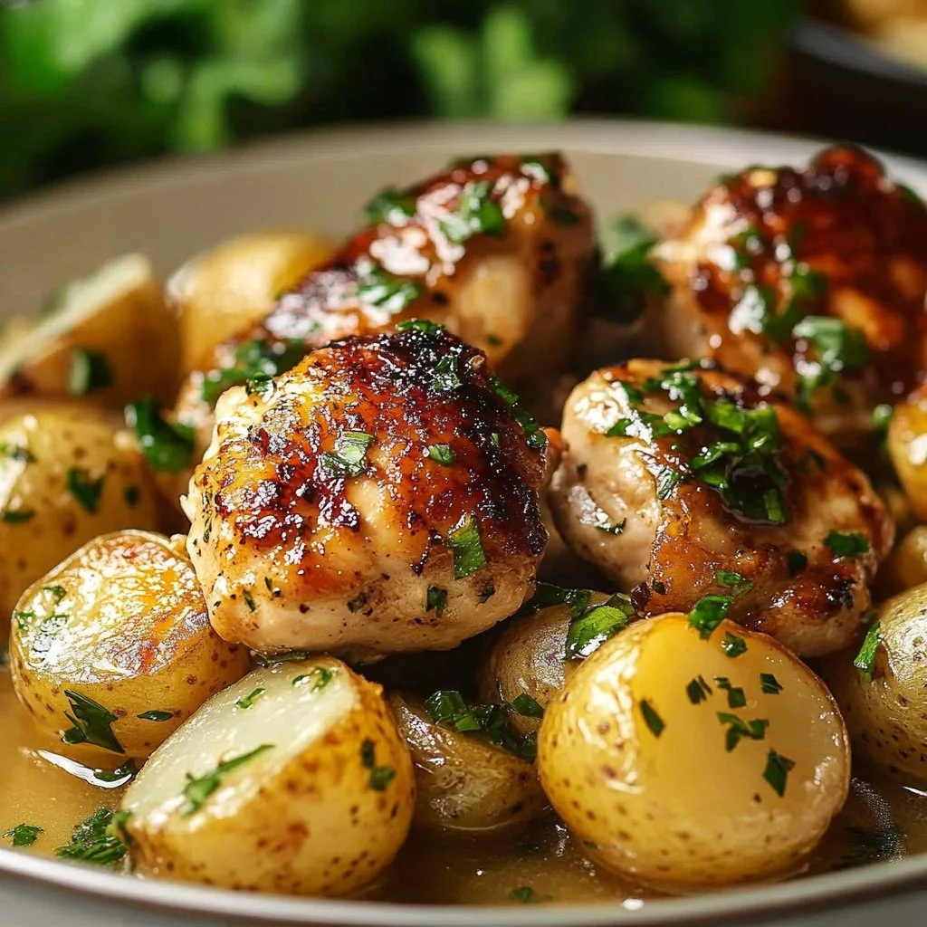 One-pan Garlic Parmesan Chicken and Potatoes ready to serve
