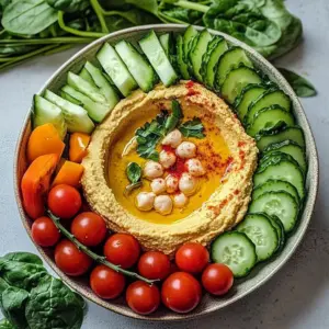 Garlic Roasted Hummus Veggie Bowl with fresh vegetables and herbs.