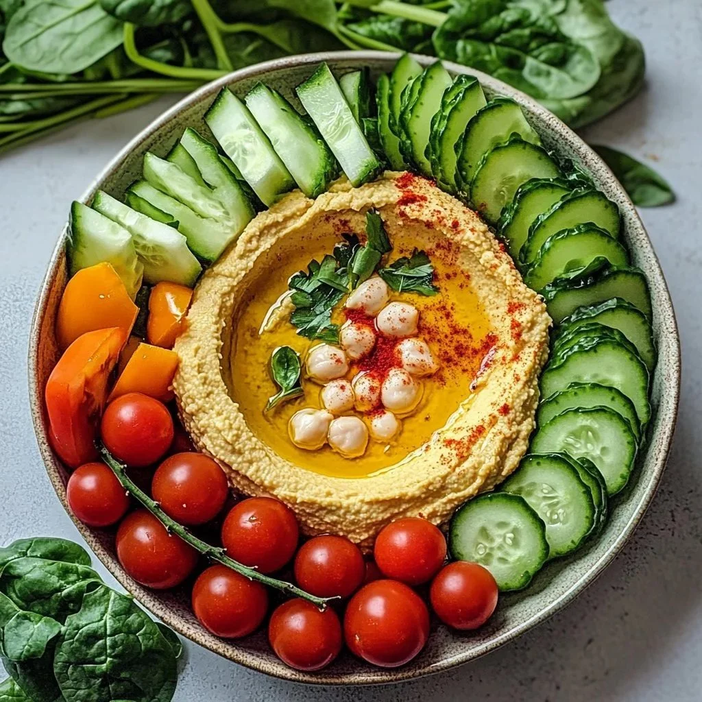 Garlic Roasted Hummus Veggie Bowl with fresh vegetables and herbs.
